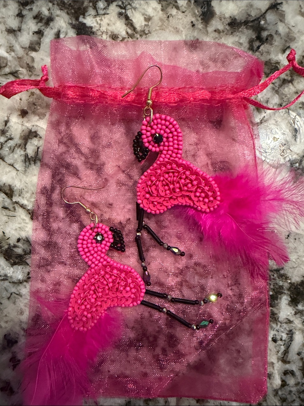 Fuchsia Beaded Flamingo Feather Drop Earrings